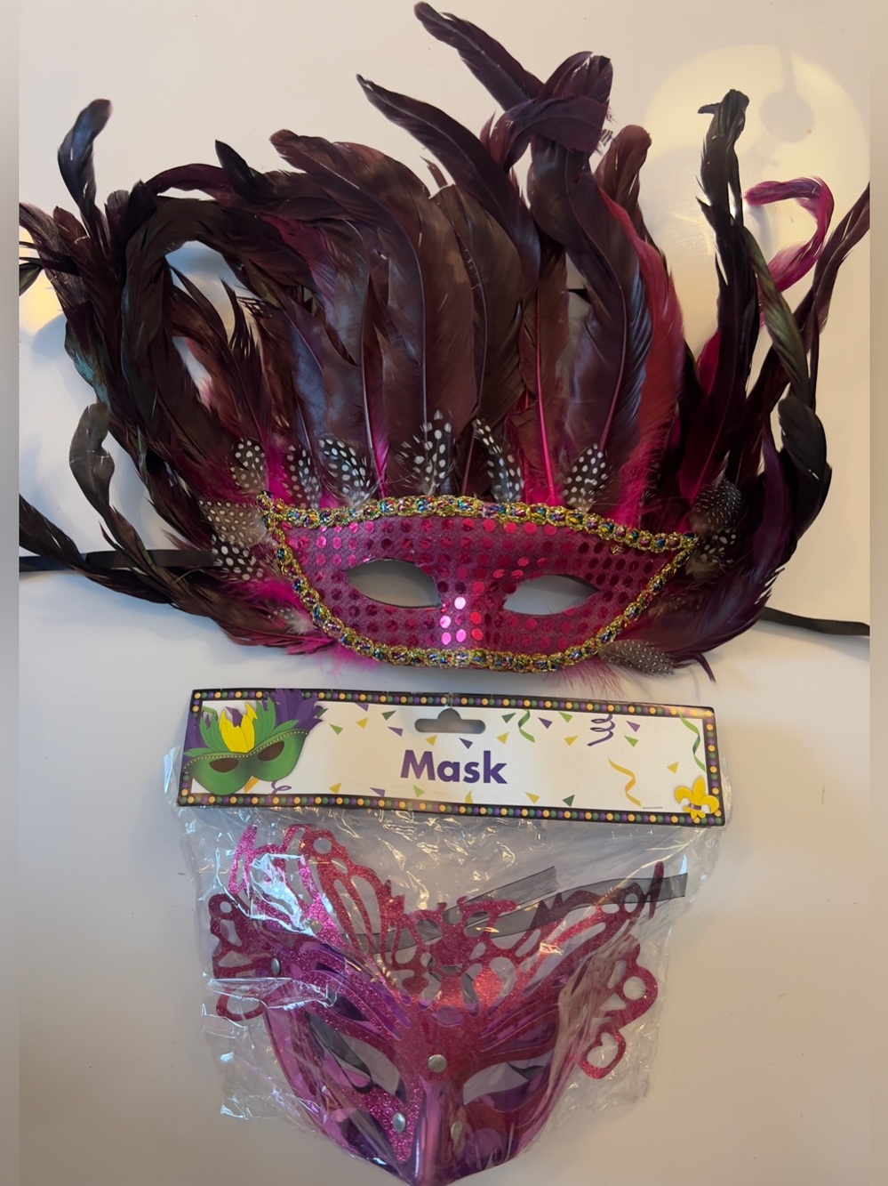 Feathered Large Masquerade Mask in Deep Pink and Medium Pink Sequin Mask